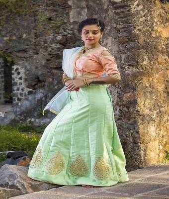 Light-green embroidered silk semi stitched lehenga 2