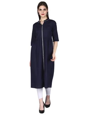 Blue plain cotton long-kurtis 1