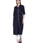 Blue plain cotton long-kurtis