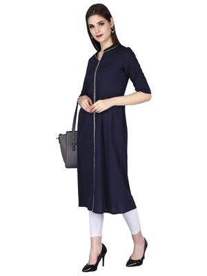 Blue plain cotton long-kurtis 2
