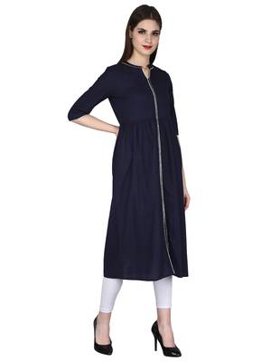 Blue plain cotton long-kurtis 3