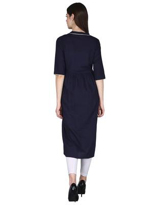 Blue plain cotton long-kurtis 4