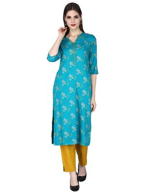 Green printed rayon long-kurtis 1