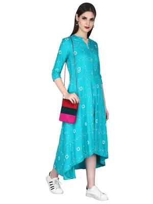 Green printed rayon long-kurtis 1