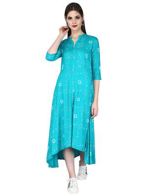 Green printed rayon long-kurtis 2