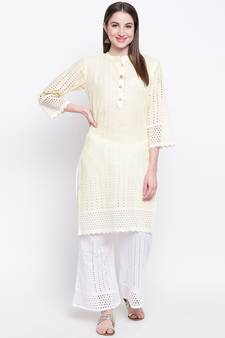 Yellow EmbroideredCotton Blend Stitched Straight Palazoo Kurta sets