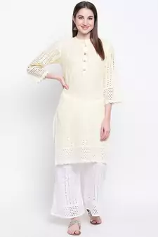 Yellow EmbroideredCotton Blend Stitched Straight Palazoo Kurta sets