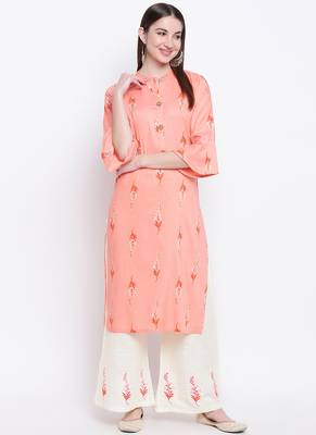 Peach PrintedViscose Stitched Straight Palazoo Kurta sets 1