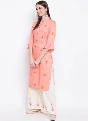 Peach PrintedViscose Stitched Straight Palazoo Kurta sets 3