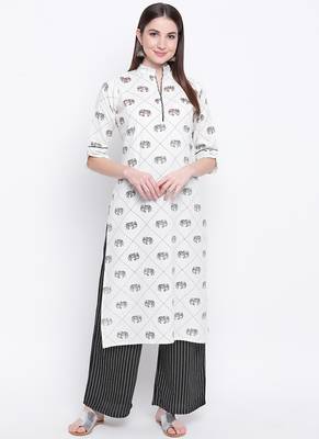 White PrintedCotton Blend Stitched Straight Palazoo Kurta sets 1