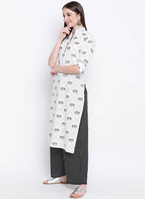White PrintedCotton Blend Stitched Straight Palazoo Kurta sets 3