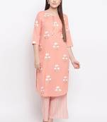 Peach PrintedCotton Blend Stitched Straight Palazoo Kurta sets