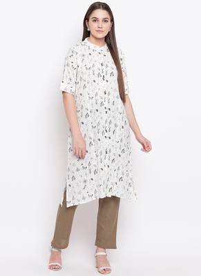 White PrintedCotton Blend Stitched Straight Palazoo Kurta sets 1
