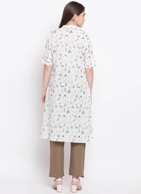 White PrintedCotton Blend Stitched Straight Palazoo Kurta sets 2