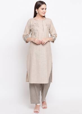 Brown EmbroideredCotton Blend Stitched Straight Palazoo Kurta sets 1