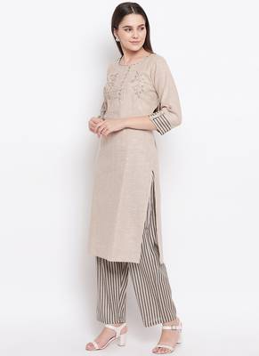 Brown EmbroideredCotton Blend Stitched Straight Palazoo Kurta sets 3