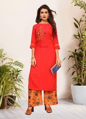 Red Viscose Embroidered Stitched Straight Palazoo Kurta sets 1