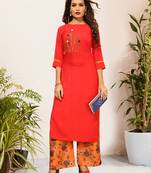 Red Viscose Embroidered Stitched Straight Palazoo Kurta sets
