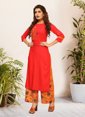 Red Viscose Embroidered Stitched Straight Palazoo Kurta sets 3