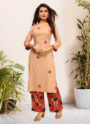 Beige Viscose Embroidered Stitched Straight Palazoo Kurta sets 1