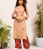 Beige Viscose Embroidered Stitched Straight Palazoo Kurta sets