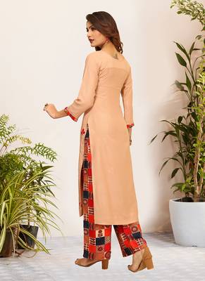 Beige Viscose Embroidered Stitched Straight Palazoo Kurta sets 2