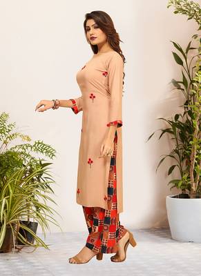 Beige Viscose Embroidered Stitched Straight Palazoo Kurta sets 3