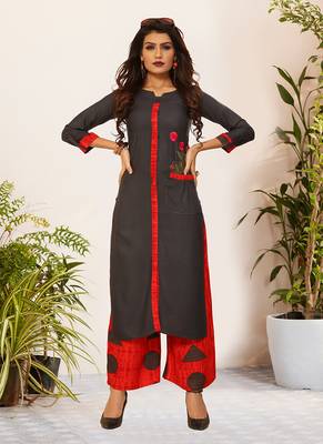 Grey Viscose Embroidered Stitched Straight Palazoo Kurta sets 1