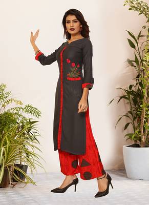 Grey Viscose Embroidered Stitched Straight Palazoo Kurta sets 3