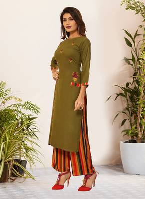Green Viscose Embroidered Stitched Straight Palazoo Kurta sets 1