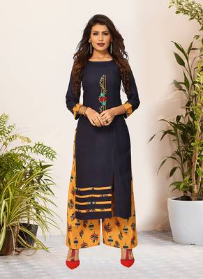 Navy Viscose Embroidered Stitched Straight Palazoo Kurta sets 1