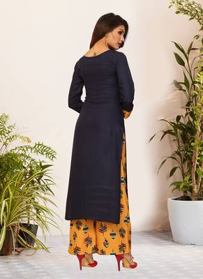 Navy Viscose Embroidered Stitched Straight Palazoo Kurta sets 2