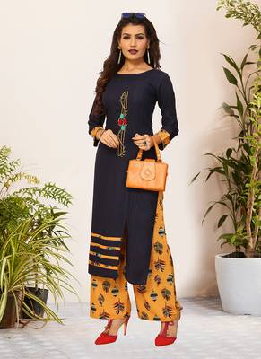 Navy Viscose Embroidered Stitched Straight Palazoo Kurta sets 3