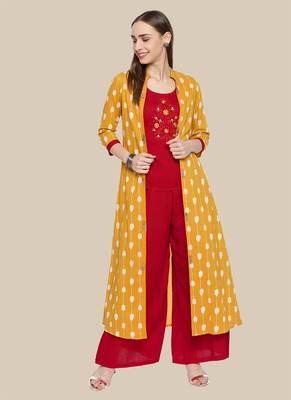 Red Viscose Embroidered Stitched  A Line Style, Jacket Style Palazoo kurta sets 4