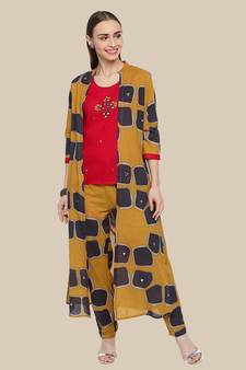 Red Viscose Embroidered Stitched  Jacket Style, A Line Style Palazoo kurta sets