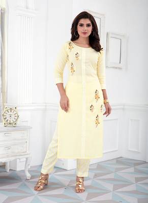 Yellow Cotton Blend Embroidered Stitched  Straight Suit Palazoo kurta sets 1