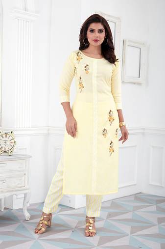Yellow Cotton Blend Embroidered Stitched  Straight Suit Palazoo kurta sets