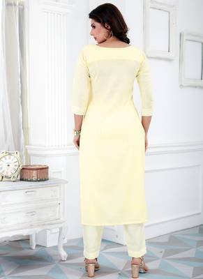 Yellow Cotton Blend Embroidered Stitched  Straight Suit Palazoo kurta sets 2
