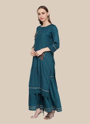 green Green Silk Embroidered Stitched  Straight Suit Palazoo kurta sets 3