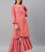 Peach Embroidery Rayon Stitched  Straight Kurta With Sarara Kurta Sets