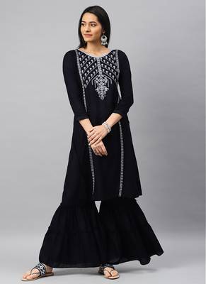 Blue Embroidery Rayon Stitched  Straight Kurta With Sarara Kurta Sets 1