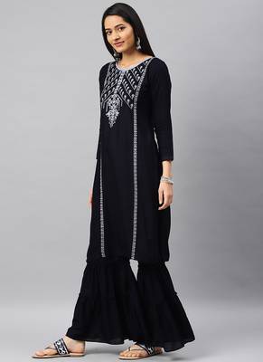 Blue Embroidery Rayon Stitched  Straight Kurta With Sarara Kurta Sets 3