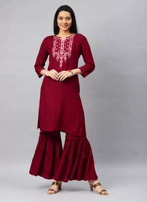 Red Embroidery Rayon Stitched  Straight Kurta With Sarara Kurta Sets 1
