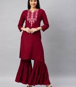 Red Embroidery Rayon Stitched  Straight Kurta With Sarara Kurta Sets