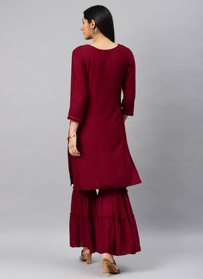 Red Embroidery Rayon Stitched  Straight Kurta With Sarara Kurta Sets 2