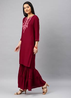 Red Embroidery Rayon Stitched  Straight Kurta With Sarara Kurta Sets 3