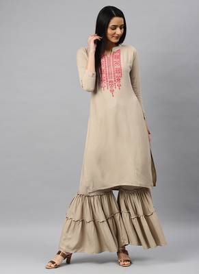 Beige Embroidery Rayon Stitched  Straight Kurta With Sarara Kurta Sets 1