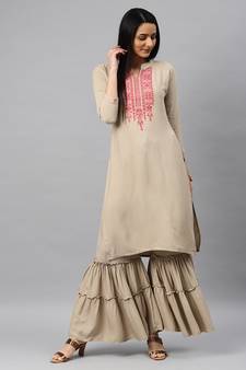 Beige Embroidery Rayon Stitched  Straight Kurta With Sarara Kurta Sets