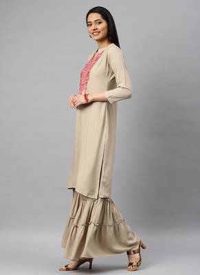 Beige Embroidery Rayon Stitched  Straight Kurta With Sarara Kurta Sets 3