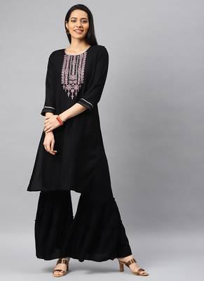 Black Embroidery Rayon Stitched  Straight Kurta With Sarara Kurta Sets 1